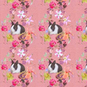 8x8-Inch Repeat of Flower Wreaths on Peachy-Pink Background with Baby Rabbits 