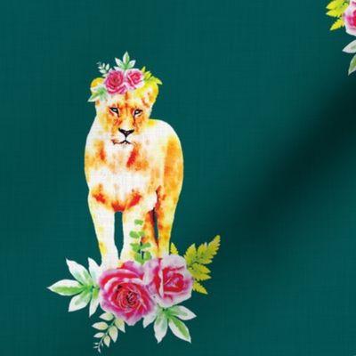 Watercolor Lioness with Pink Watercolor Roses, Dark Green Background