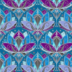 Art Deco Lotus Rising in Teal, Blue and Deep Plum Purple small