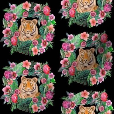 tiger with tropical flower wreath