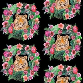 tiger with tropical flower wreath
