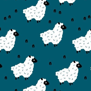 Little sheep friends and meadow Scandinavian farm animals design minimal style navy blue night