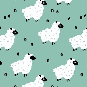 Little sheep friends and meadow Scandinavian farm animals design minimal style mint green neutral nursery baby
