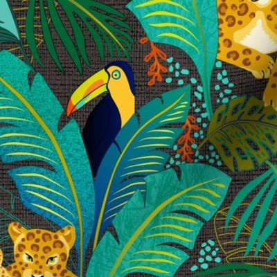 Leopards, toucan and monkeys in the jungle - large scale