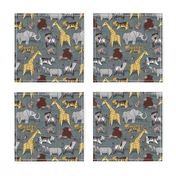 Small scale // Origami safari animalier // green grey linen texture background yellow giraffes