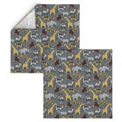 Small scale // Origami safari animalier // green grey linen texture background yellow giraffes