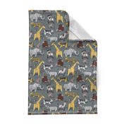 Small scale // Origami safari animalier // green grey linen texture background yellow giraffes