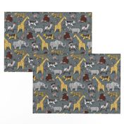 Small scale // Origami safari animalier // green grey linen texture background yellow giraffes