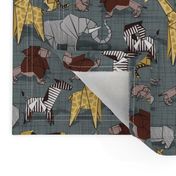 Small scale // Origami safari animalier // green grey linen texture background yellow giraffes