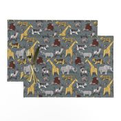 Small scale // Origami safari animalier // green grey linen texture background yellow giraffes