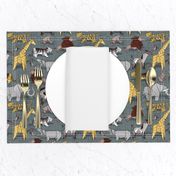 Small scale // Origami safari animalier // green grey linen texture background yellow giraffes