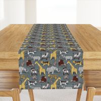 Small scale // Origami safari animalier // green grey linen texture background yellow giraffes