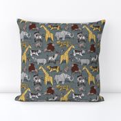 Small scale // Origami safari animalier // green grey linen texture background yellow giraffes