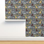Small scale // Origami safari animalier // green grey linen texture background yellow giraffes