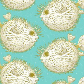 Pufferfish LARGE SIZE gold and teal