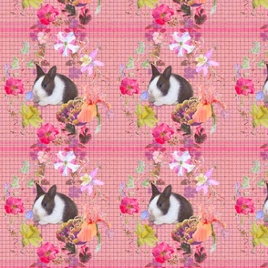 8x8-Inch Repeat of Flower Wreaths on Peachy-Pink Background with Baby Rabbits