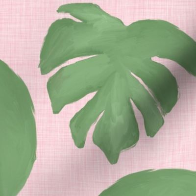 green monstera on pink linen 