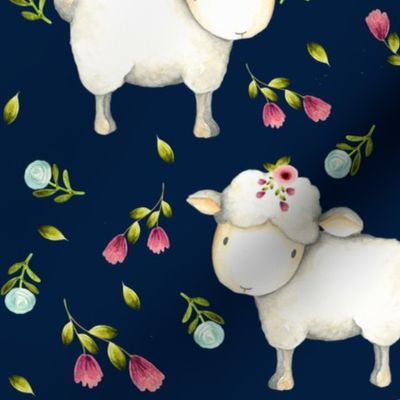 Little Sheep - Pink & Blue Flowers (navy) Large scale