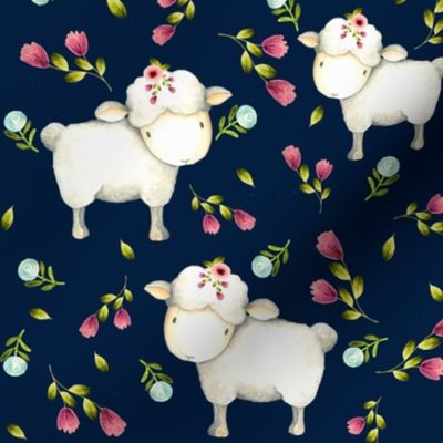 Little Sheep - Pink & Blue Flowers (navy)