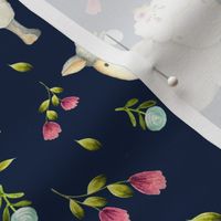 Little Sheep - Pink & Blue Flowers (navy)