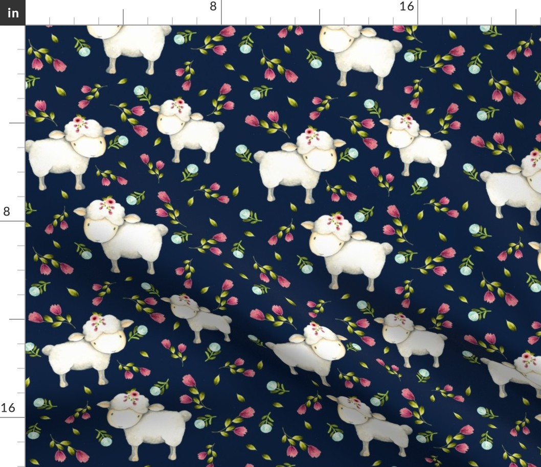 Little Sheep - Pink & Blue Flowers (navy)