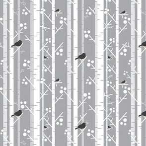 Aspen Grove with Blackbirds on Grey