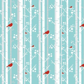 Birch Trees with Red Birds on Blue