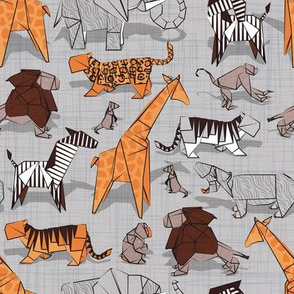 Small scale // Origami safari animalier // grey linen texture background orange giraffes