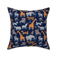 Small scale // Origami safari animalier // oxford navy blue background orange giraffes