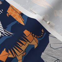 Small scale // Origami safari animalier // oxford navy blue background orange giraffes