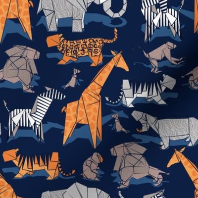 Small scale // Origami safari animalier // oxford navy blue background orange giraffes