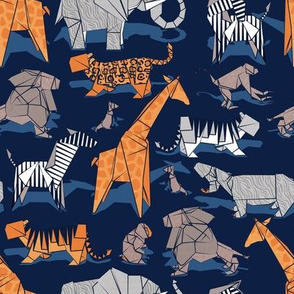 Small scale // Origami safari animalier // oxford navy blue background orange giraffes