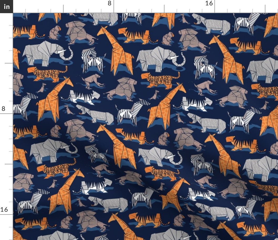 Small scale // Origami safari animalier // oxford navy blue background orange giraffes