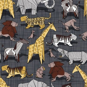 Small scale // Origami safari animalier // charcoal linen texture background yellow giraffes