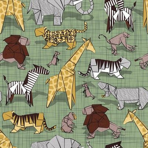 Small scale // Origami safari animalier // sage green linen texture background yellow giraffes