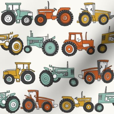 MEDIUM tractor fabric, tractors, vintage tractors  - neutral fabric, farm fabric, kids fabric - teal