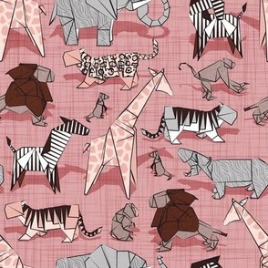 Small scale // Origami safari animalier // blush pink linen texture background pink giraffes