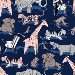 Small scale // Origami safari animalier // oxford navy blue background pink giraffes