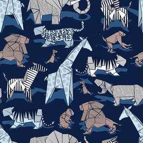 Small scale // Origami safari animalier // oxford navy blue background blue giraffes