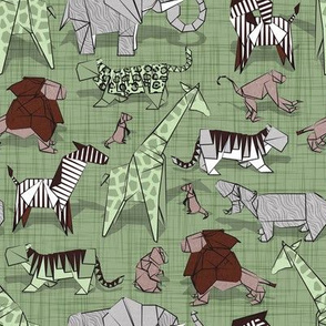 Small scale // Origami safari animalier // green linen texture background green giraffes