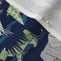 Small scale // Origami safari animalier // oxford navy blue background green giraffes