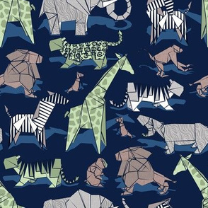 Small scale // Origami safari animalier // oxford navy blue background green giraffes