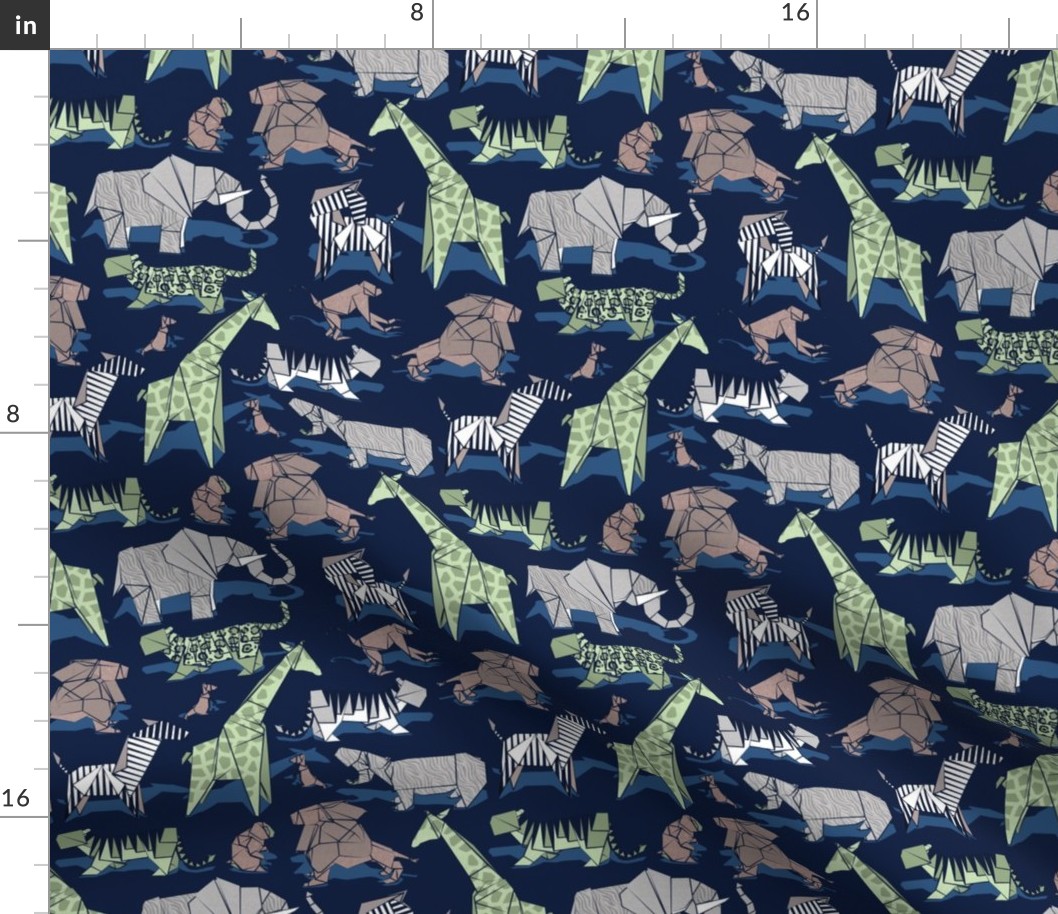 Small scale // Origami safari animalier // oxford navy blue background green giraffes