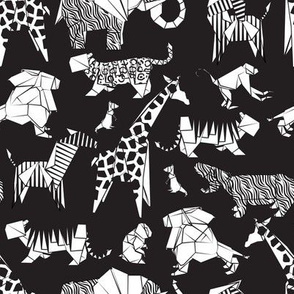 Small scale // Origami safari animalier // black background white animals