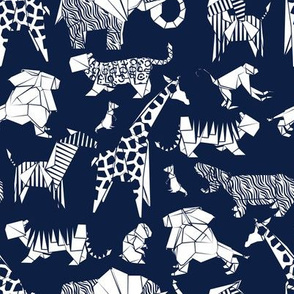 Small scale // Origami safari animalier // oxford navy blue background white animals
