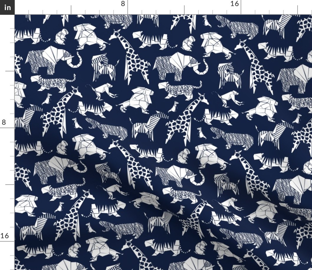 Small scale // Origami safari animalier // oxford navy blue background white animals