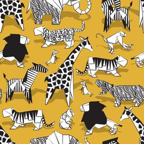 Small scale // Origami safari animalier // goldenrod yellow background black and white animals