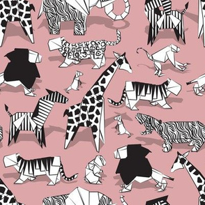 Small scale // Origami safari animalier // blush pink background black and white animals