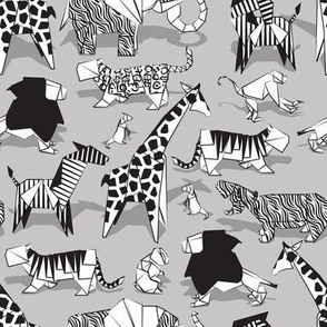 Small scale // Origami safari animalier // grey background black and white animals
