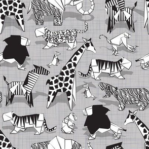 Small scale // Origami safari animalier // grey linen texture background black and white animals